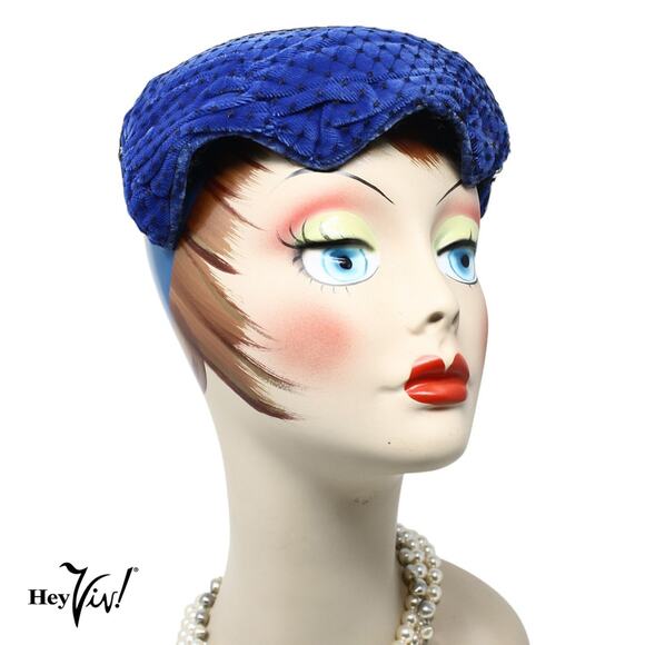 Vintage Accessories - Vintage Blue Velvet Juliette Cap Cocktail Hat in Blue Velvet w Netting - Hey Viv